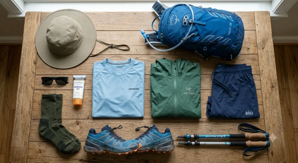 Summer hiking clothing essentials including a hiking shirt, shorts, trail shoes, socks, hat, and backpack.