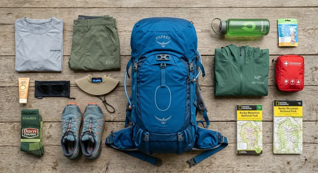 Summer hiking gear packed for a day hike including clothing, hydration, sunscreen, and safety essentials.