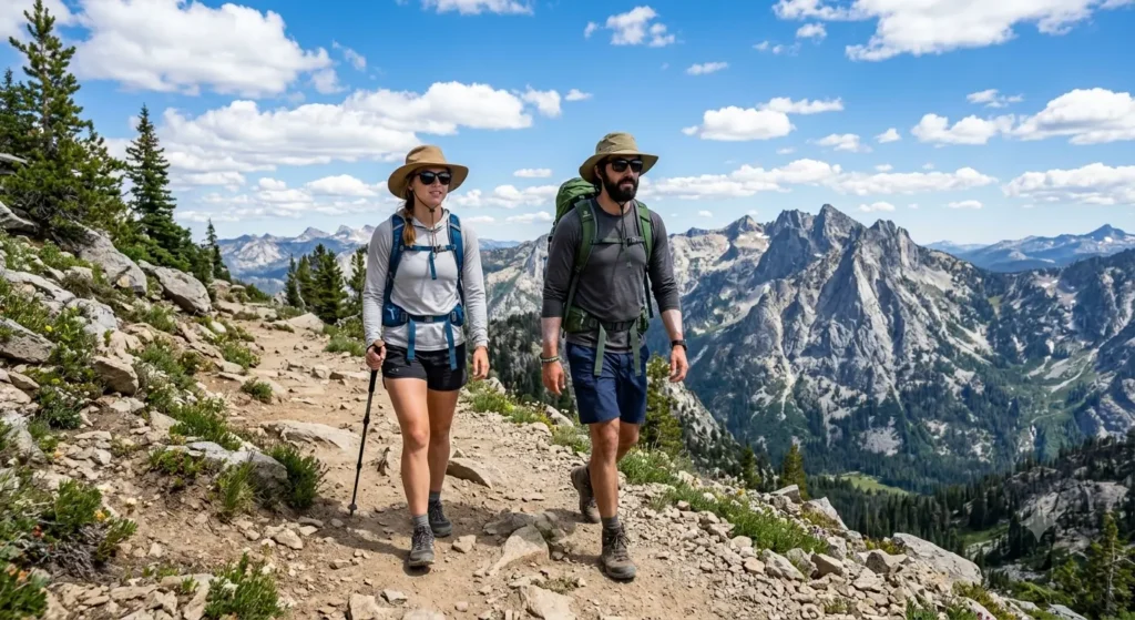 Hikers wearing wide-brim hats, sunglasses, and UPF clothing for sun protection on a summer hike.