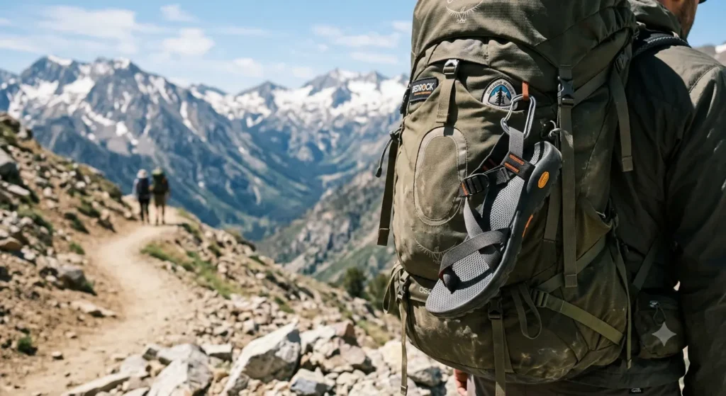 Ultralight hiking sandal clipped to a backpack with a mountain trail in the background