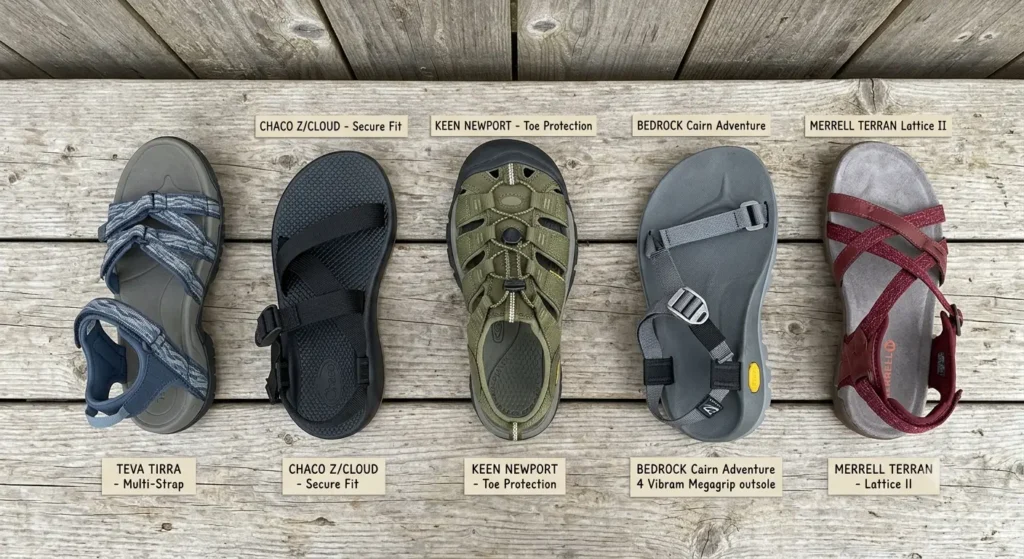 Five different women's hiking sandals lined up for comparison on a wooden deck