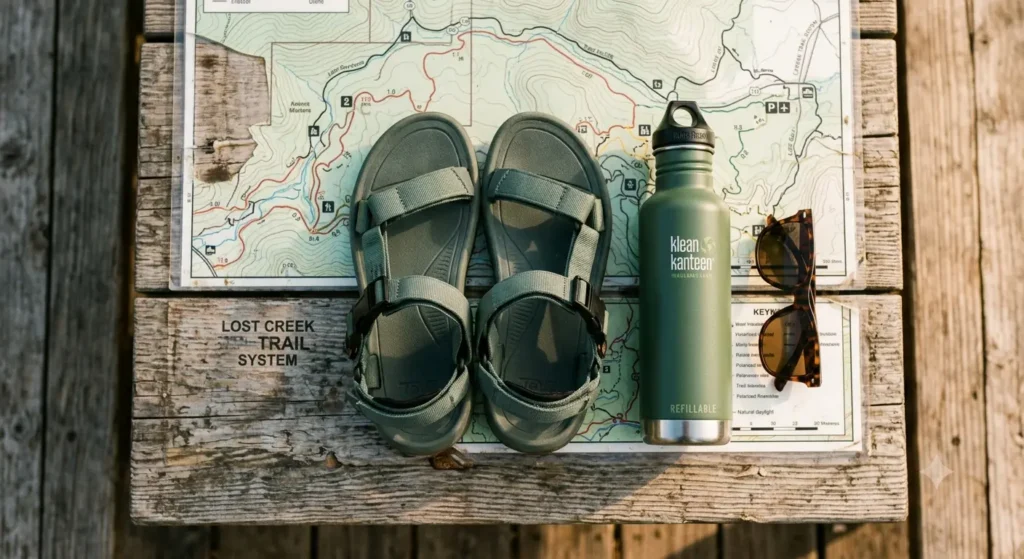 Flat-lay of women's hiking sandals, water bottle, and sunglasses on a wooden trail map table