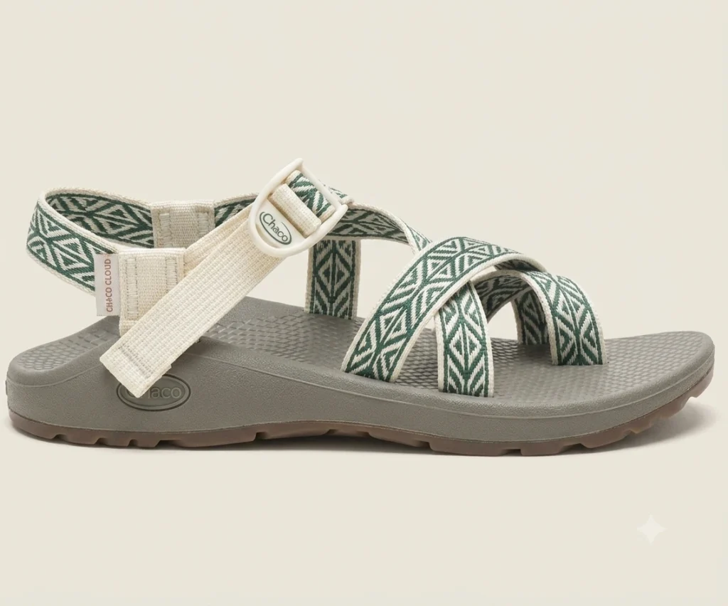 Brown strappy women's hiking sandal on a rocky desert trail