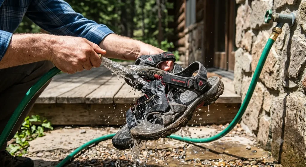 Rinsing a hiking sandal under an outdoor hose to remove trail dirt