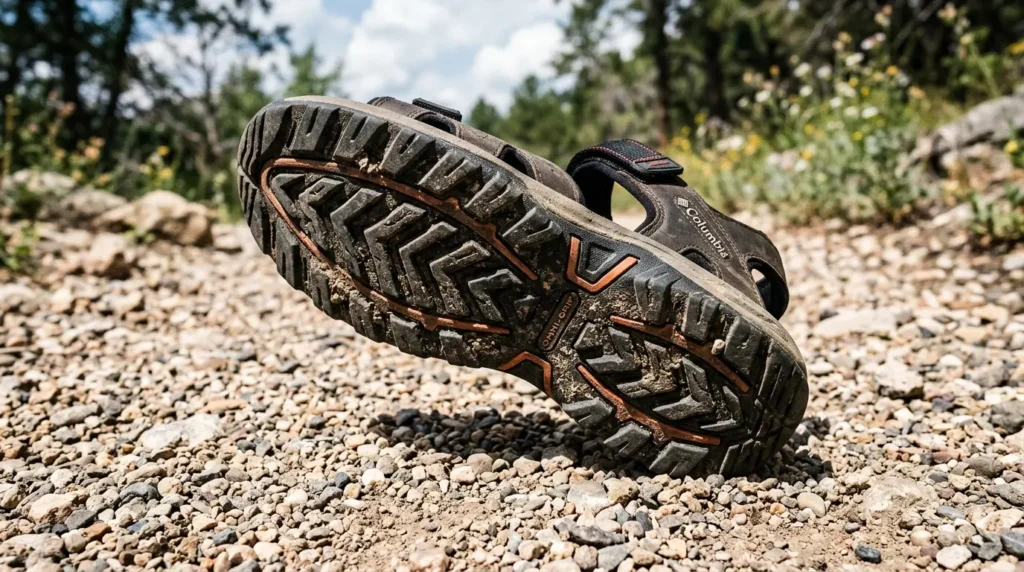 Close-up of a hiking sandal's grippy tread pattern on a gravel trail