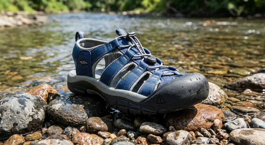KEEN Newport H2 closed-toe hiking sandal with toe bumper on river rocks