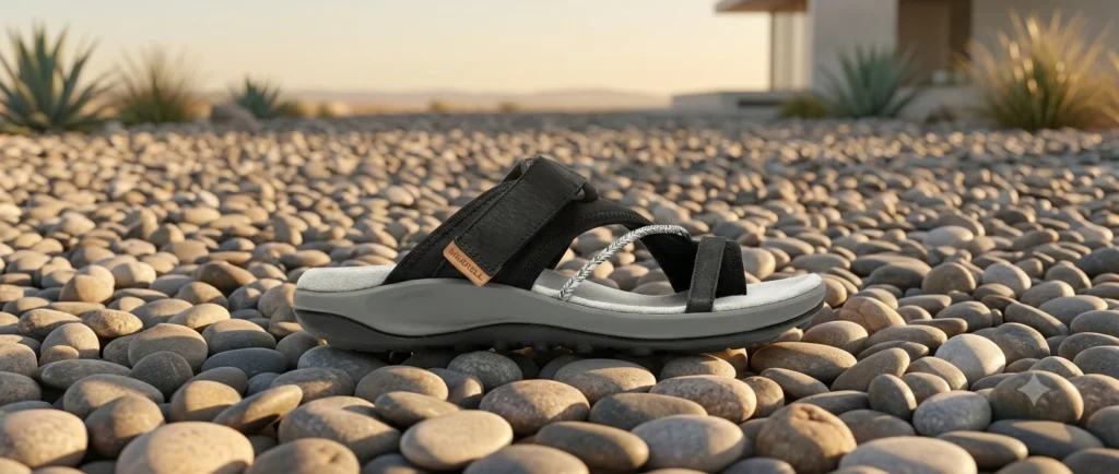 Lightweight hiking sandal with rugged tread sole on a dirt trail at sunset