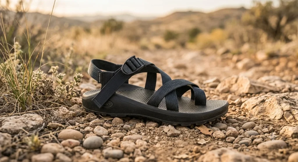 Black strappy women's hiking sandal on a rocky desert trail
