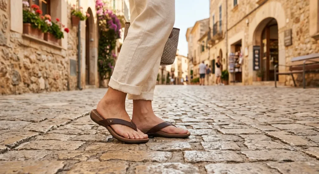 Woman's feet in an orthotic toe-post sandal walking a cobblestone street