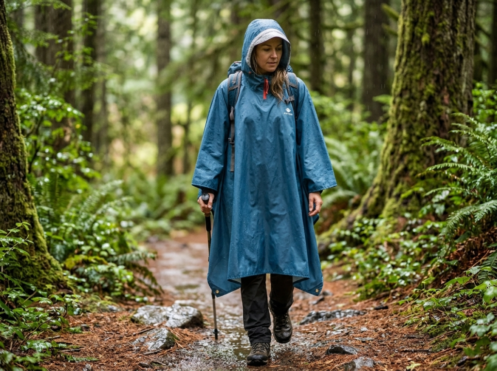 Woman wearing a blue ANYOO waterproof rain poncho with an integrated hood over a small hiking pack on a wet forest trail.