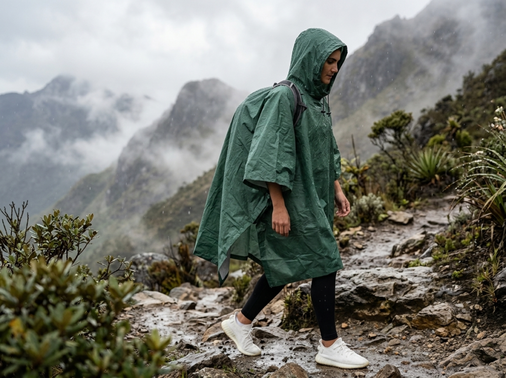 Female hiker wearing a green Frogg Toggs Ultra-Lite2 packable rain poncho with hood and drawstring on a rainy mountain trail.