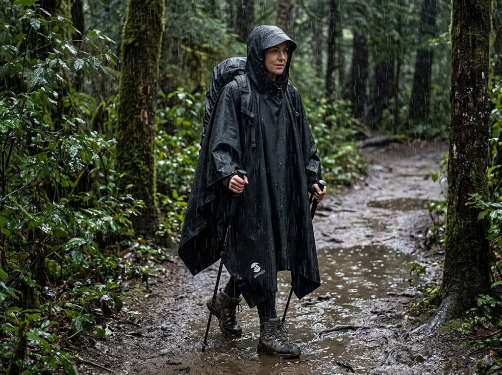 Woman hiker wearing a green Globtrekker rain poncho designed specifically to cover a large backpacking pack while hiking.