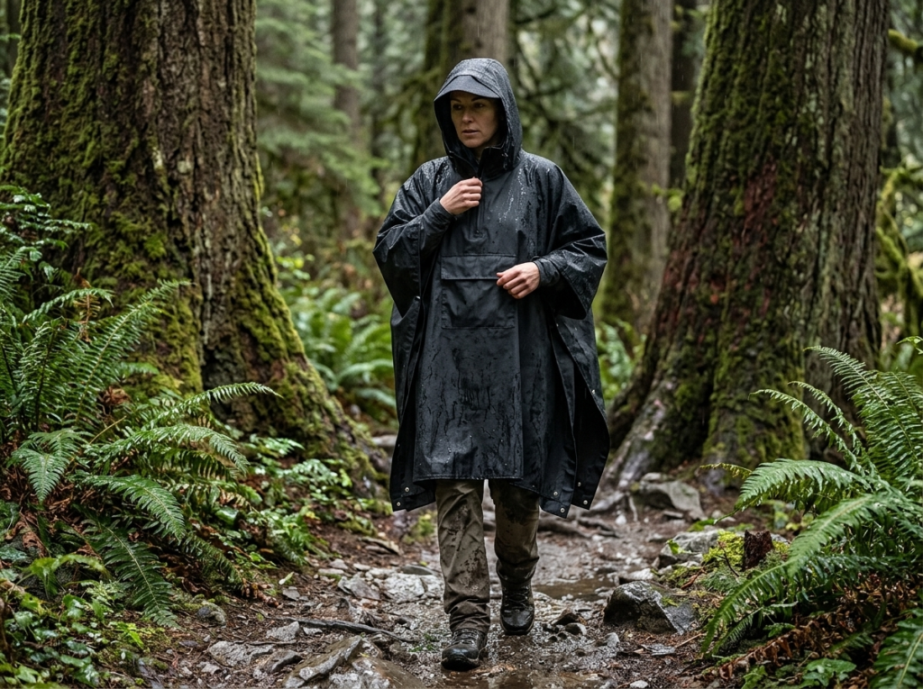 Woman hiking in a black PTEROMY waterproof poncho featuring a front zippered pocket and brimmed hood on a rainy forest path.