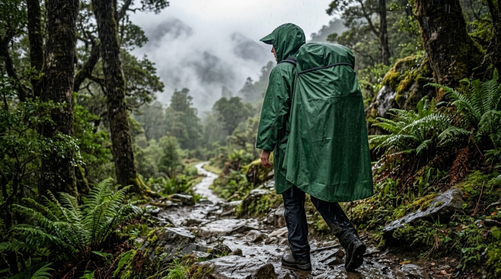 Female backpacker wearing a full-coverage black SaphiRose rain poncho while walking through heavy rain on a muddy trail.