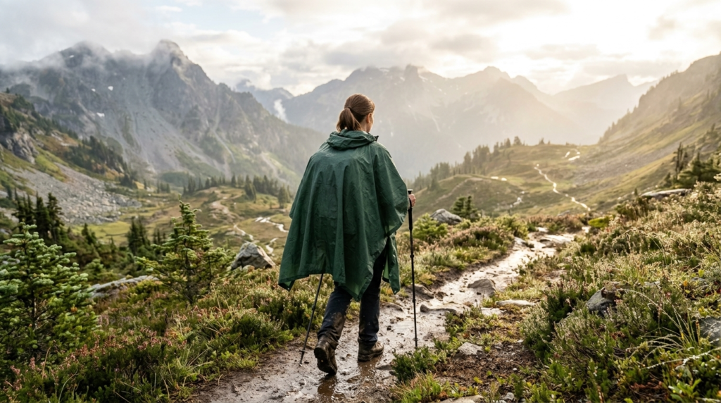Rear view of a female hiker in a green rain poncho walking down a scenic mountain trail as sunlight breaks through overcast skies after rain.