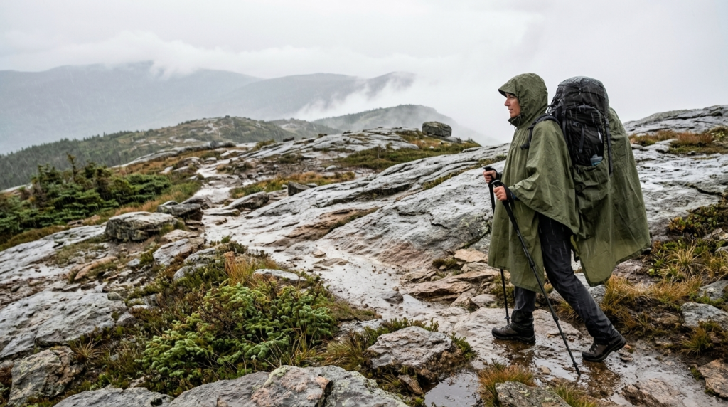 Woman backpacking across an open alpine mountain ridge in steady rain, wearing a long green rain poncho covering a large multi-day backpack.