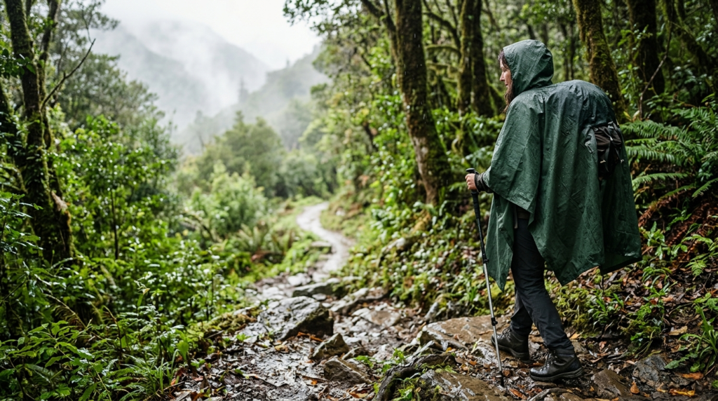 Adult female hiker wearing a dark green waterproof rain poncho with a backpack underneath while walking along a wet, misty forest mountain trail.