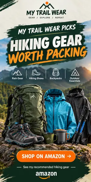 My Trail Wear hiking gear picks featuring a backpack, hiking boots, rain jackets, and outdoor essentials